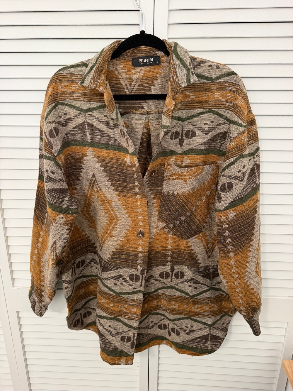 Aztec Patterned Button-Up Shacket Shirt - Mustard/Beige Size L